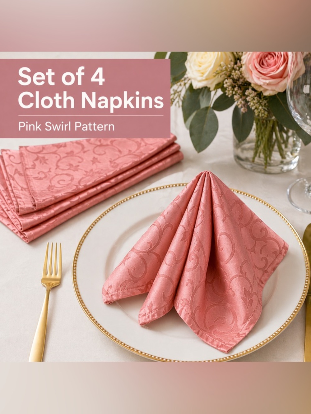 Blush Pink Cloth Napkins Set of 4 | Elegant Swirl Pattern Reusable Table Linens